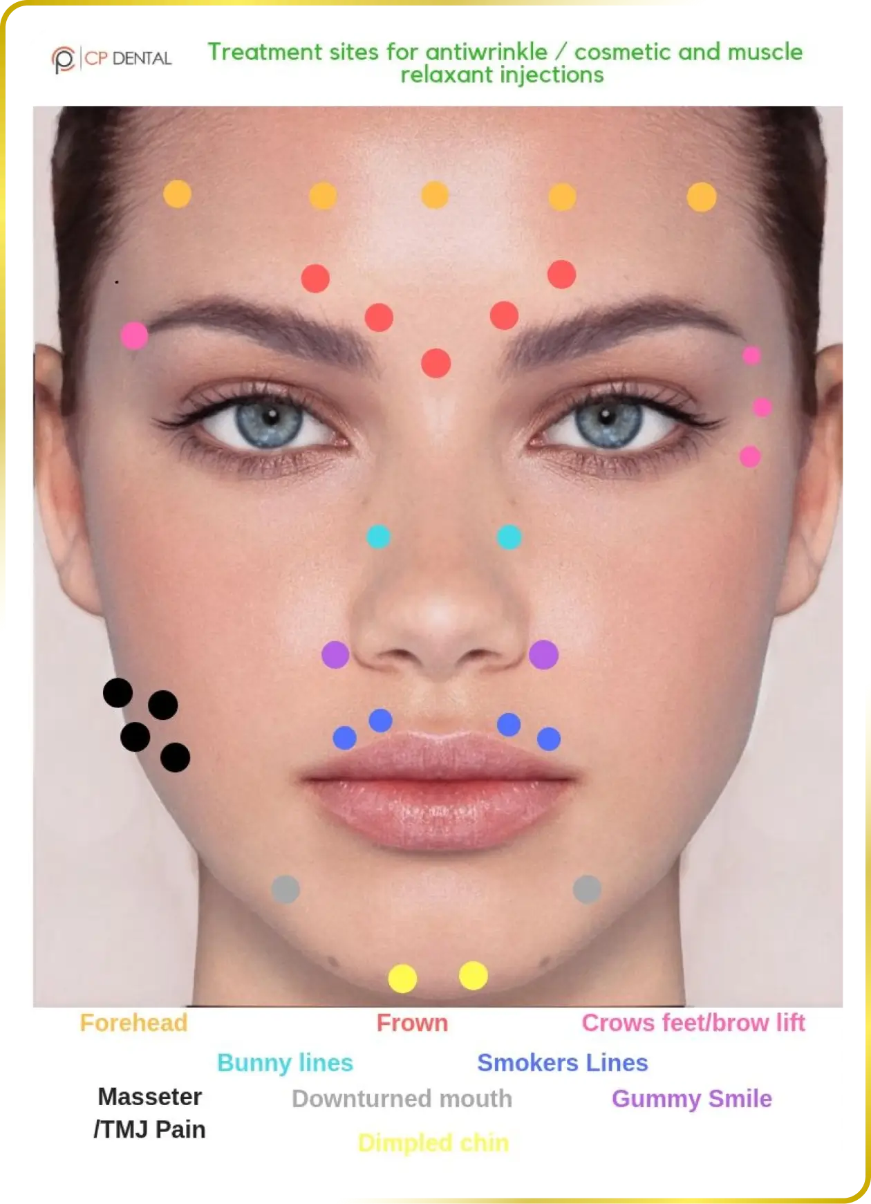 A woman with various colored dots on her face.